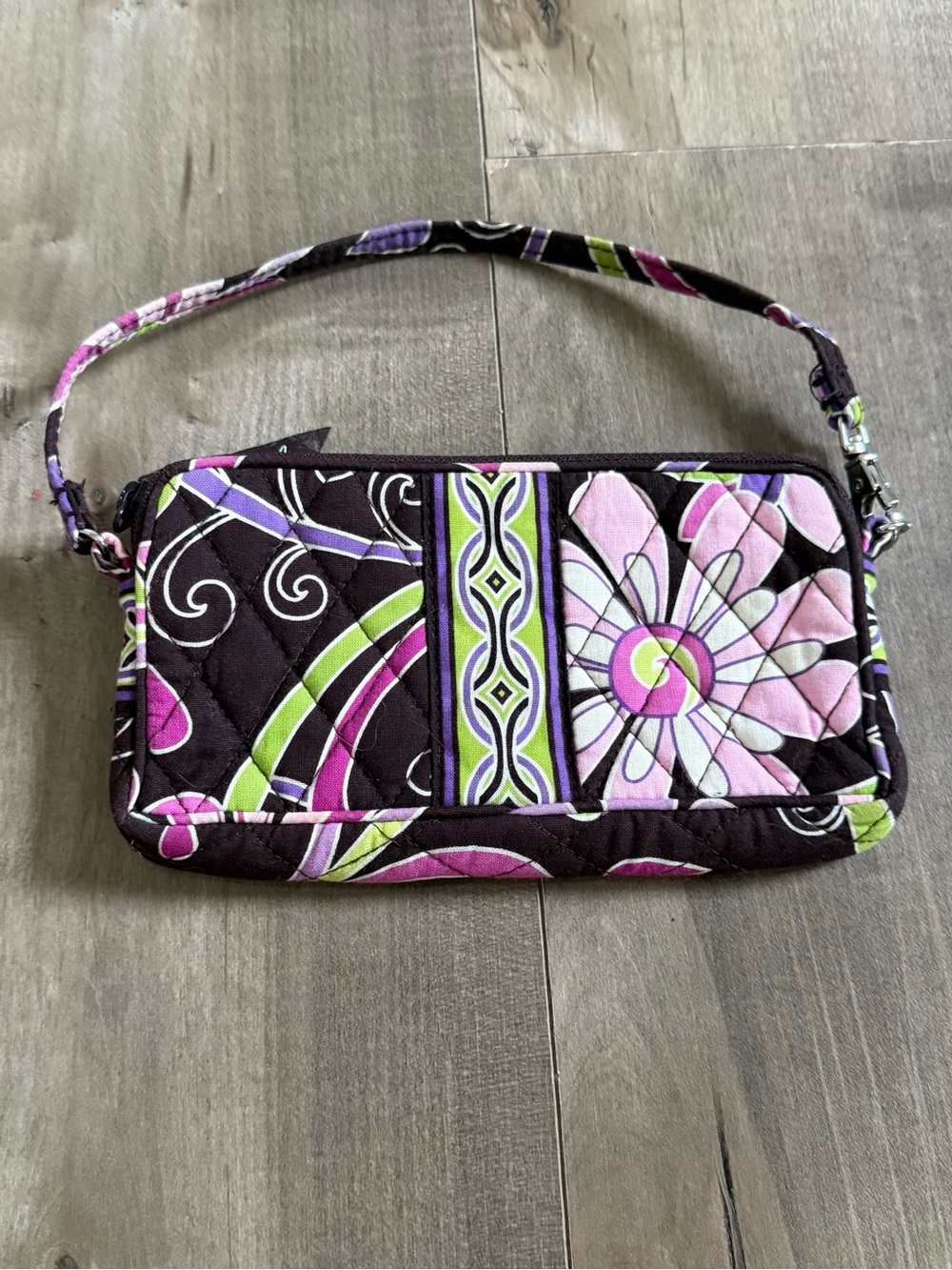 Vera Bradley Purple Punch Zip Wristlet Pencil Pouch Wallet Floral Brown RETIRED